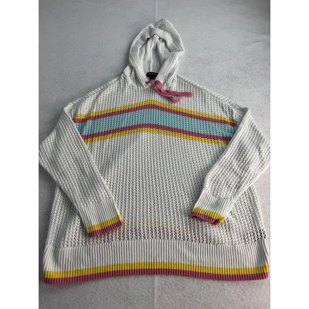 Torrid Sweater Women's 0/Large White Hooded Open Knit Rainbow Stripe Beach
